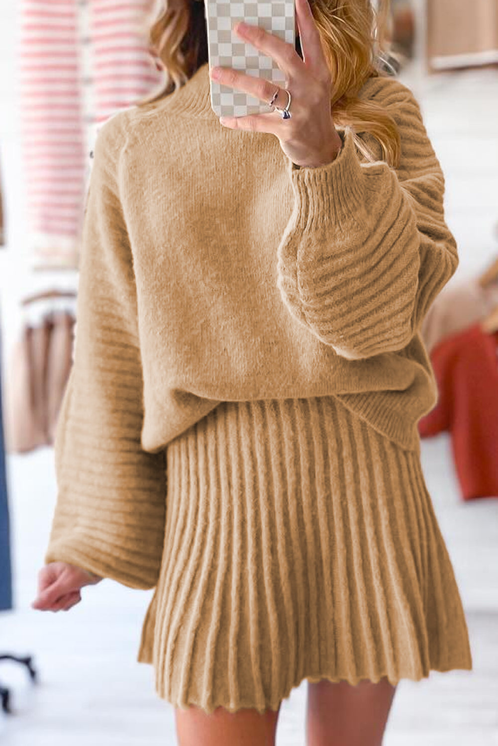 Lantern Sleeve Sweater Pleated Knitted Mini Skirt Set