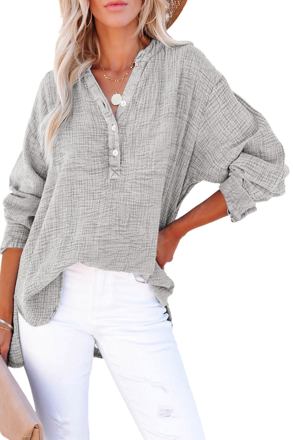 Crinkle V Neck Henley Top
