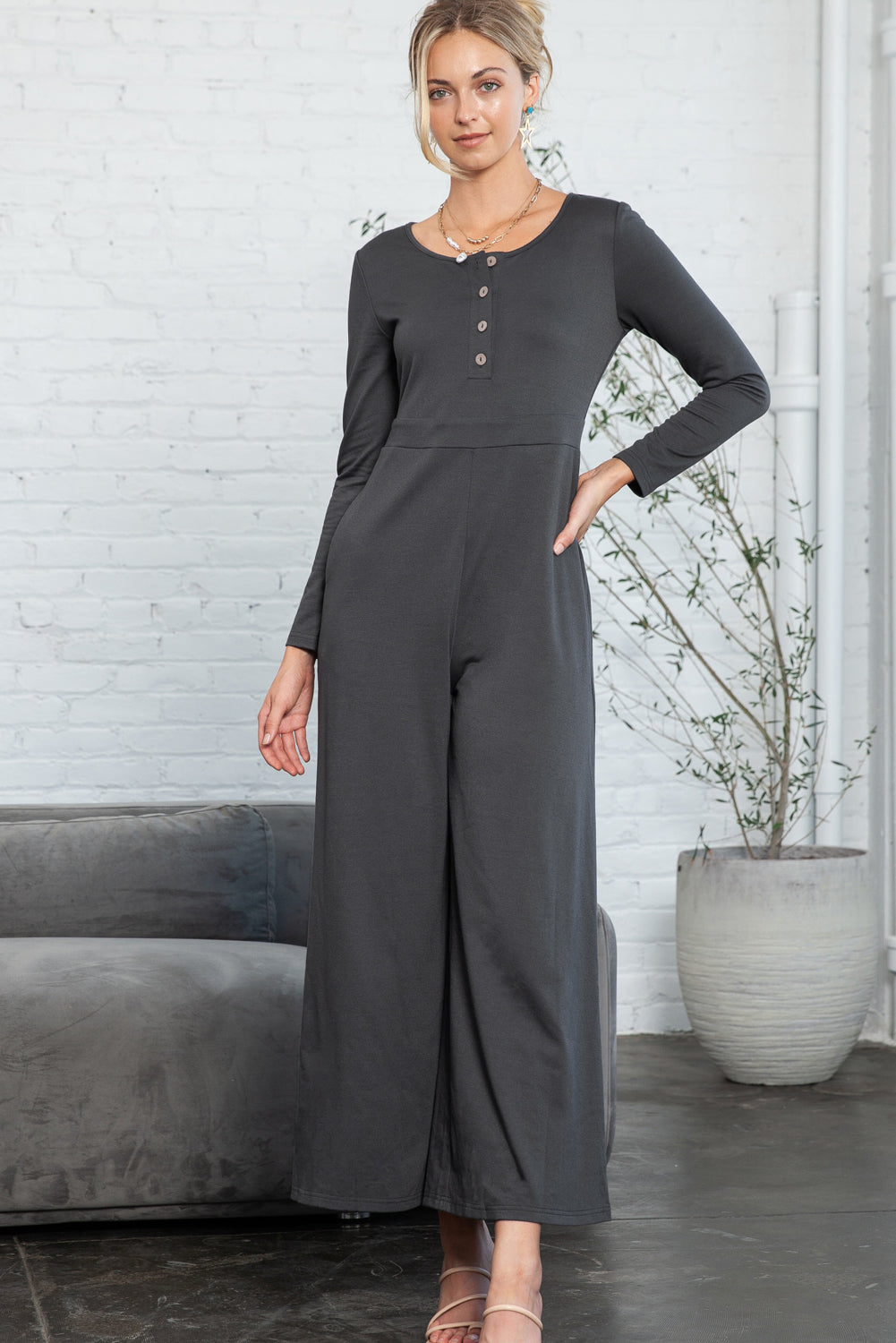 Long Sleeve Wide Leg Jumpsuit with Pockets