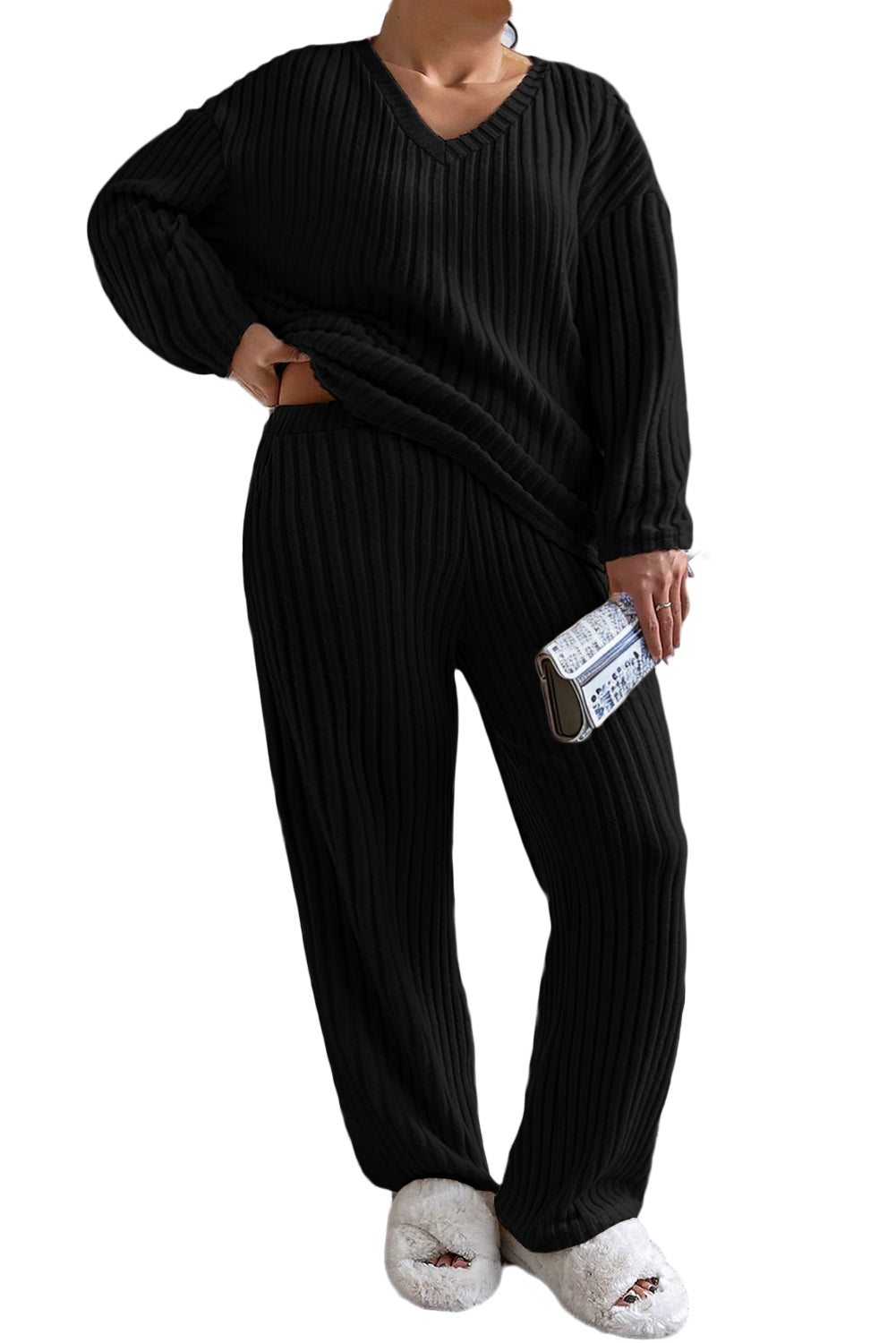 Ribbed V Neck Pullover and Pants Set