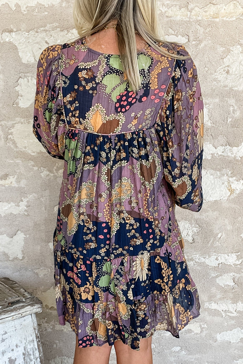 Purple Boho Floral Print Puff Sleeve Dress