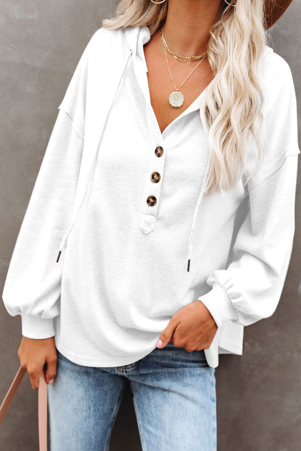 Button Front Pullover Hooded Sweatshirt