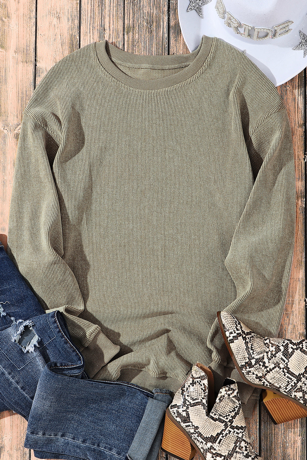 Ribbed Round Neck Pullover Sweatshirt
