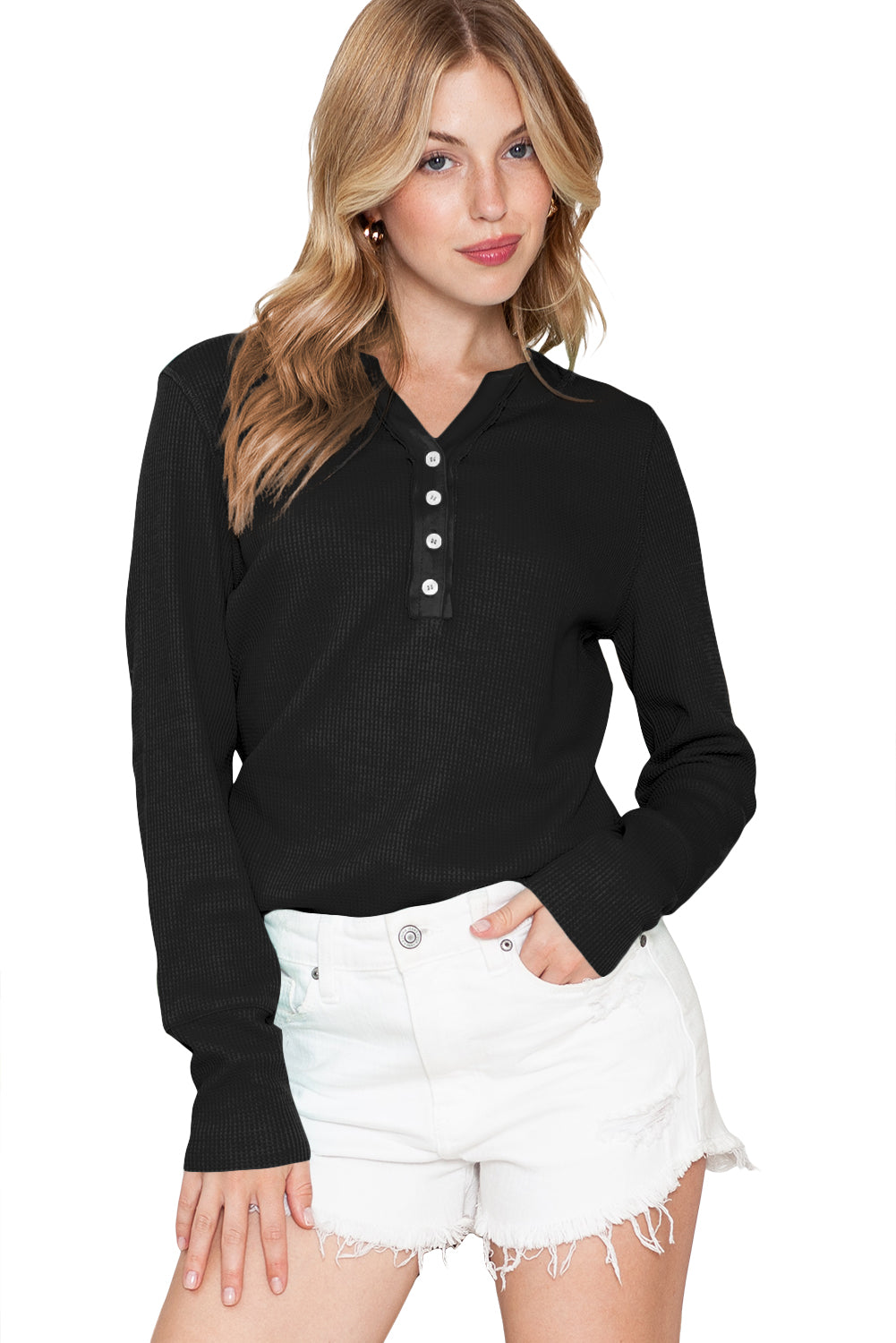 Waffle Knit Long Sleeve Henley Shirt