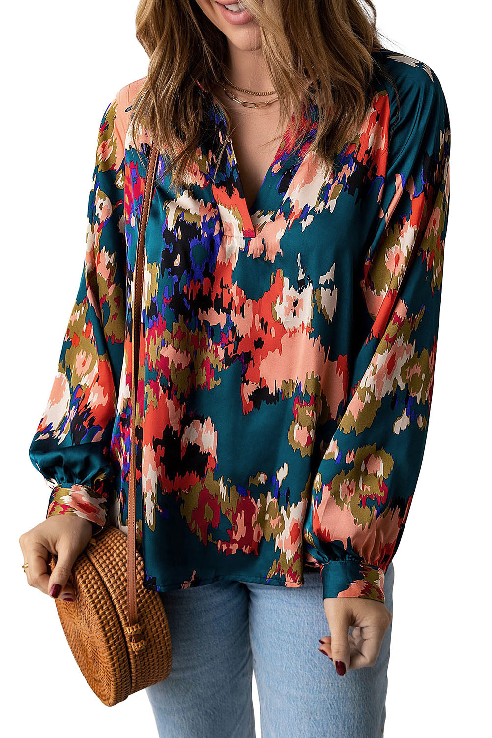 V Neck Puff Sleeve Blouse