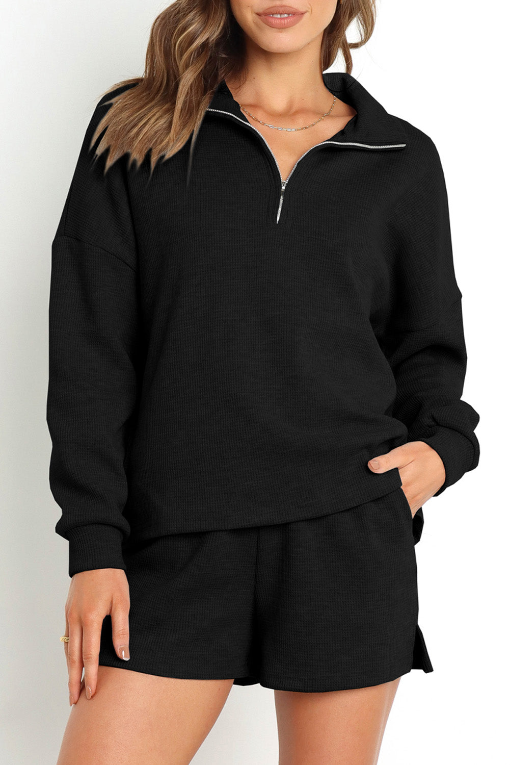 Ribbed Sweatshirt & High Waist Shorts Set