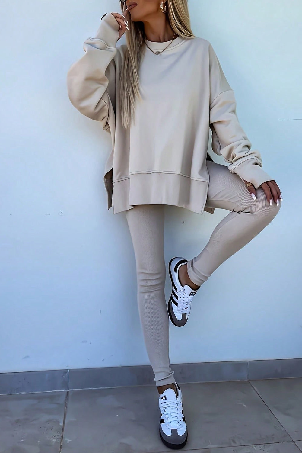 Oversize Slit Sweatshirt Ribbed Leggings Set