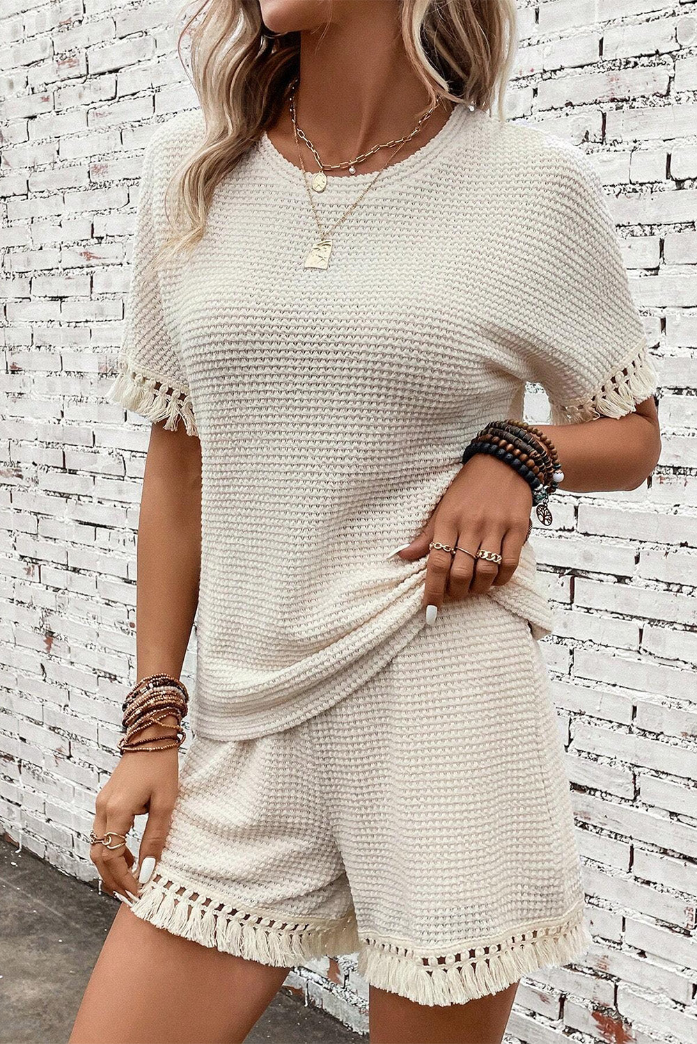 Fringe Trim Waffle Knit Textured Shorts Set