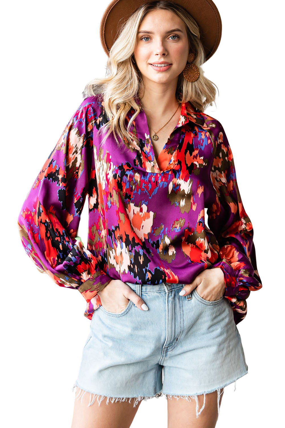 V Neck Puff Sleeve Blouse
