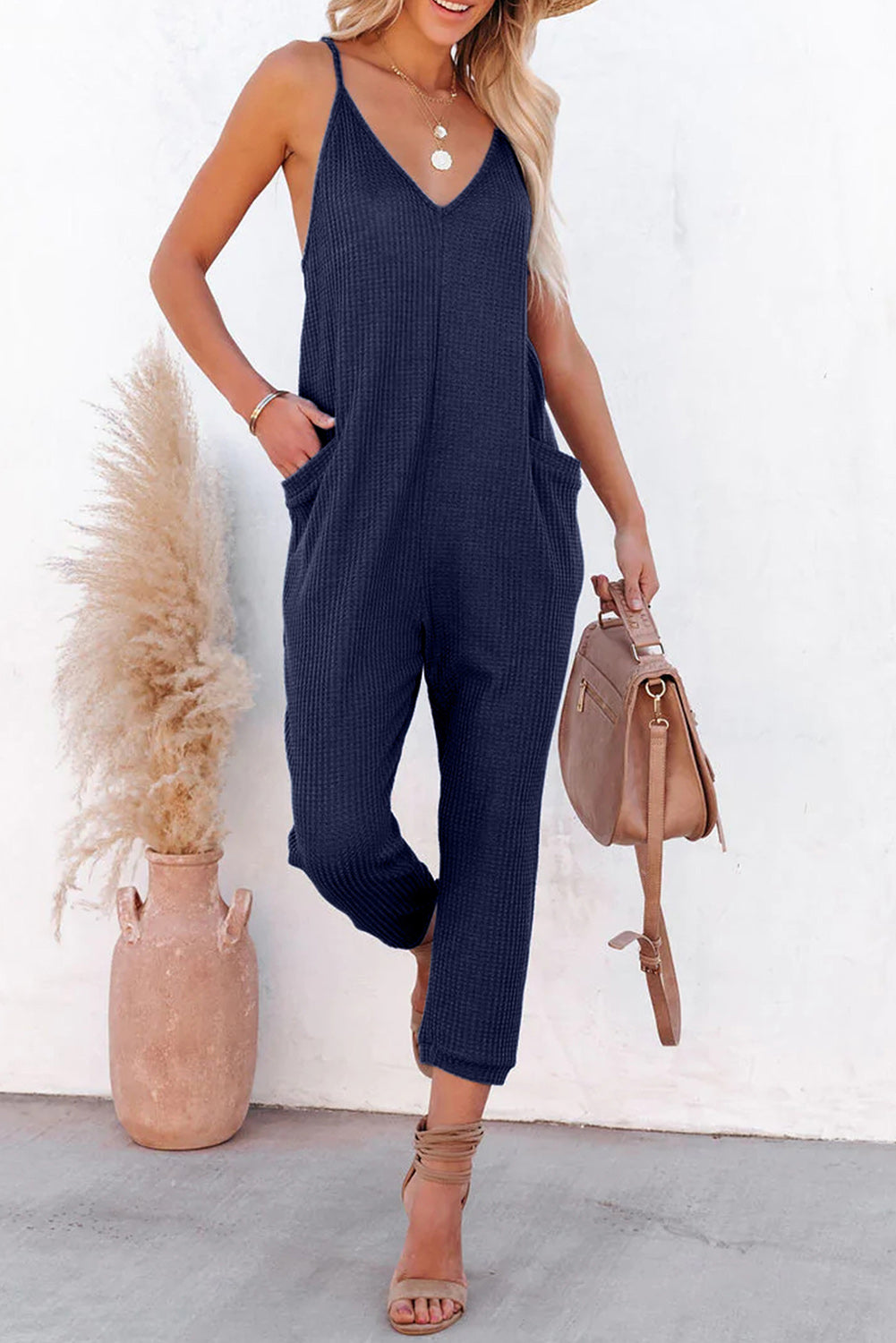 Blue Casual Textured Sleeveless V-Neck Pocketed Jumpsuit