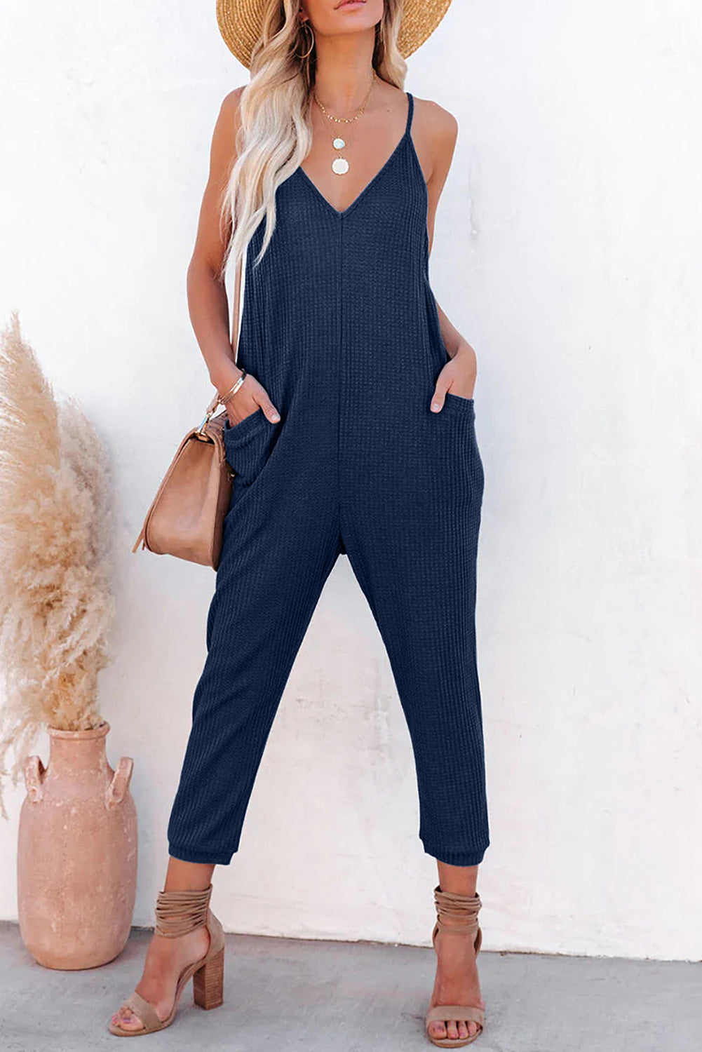 Blue Casual Textured Sleeveless V-Neck Pocketed Jumpsuit