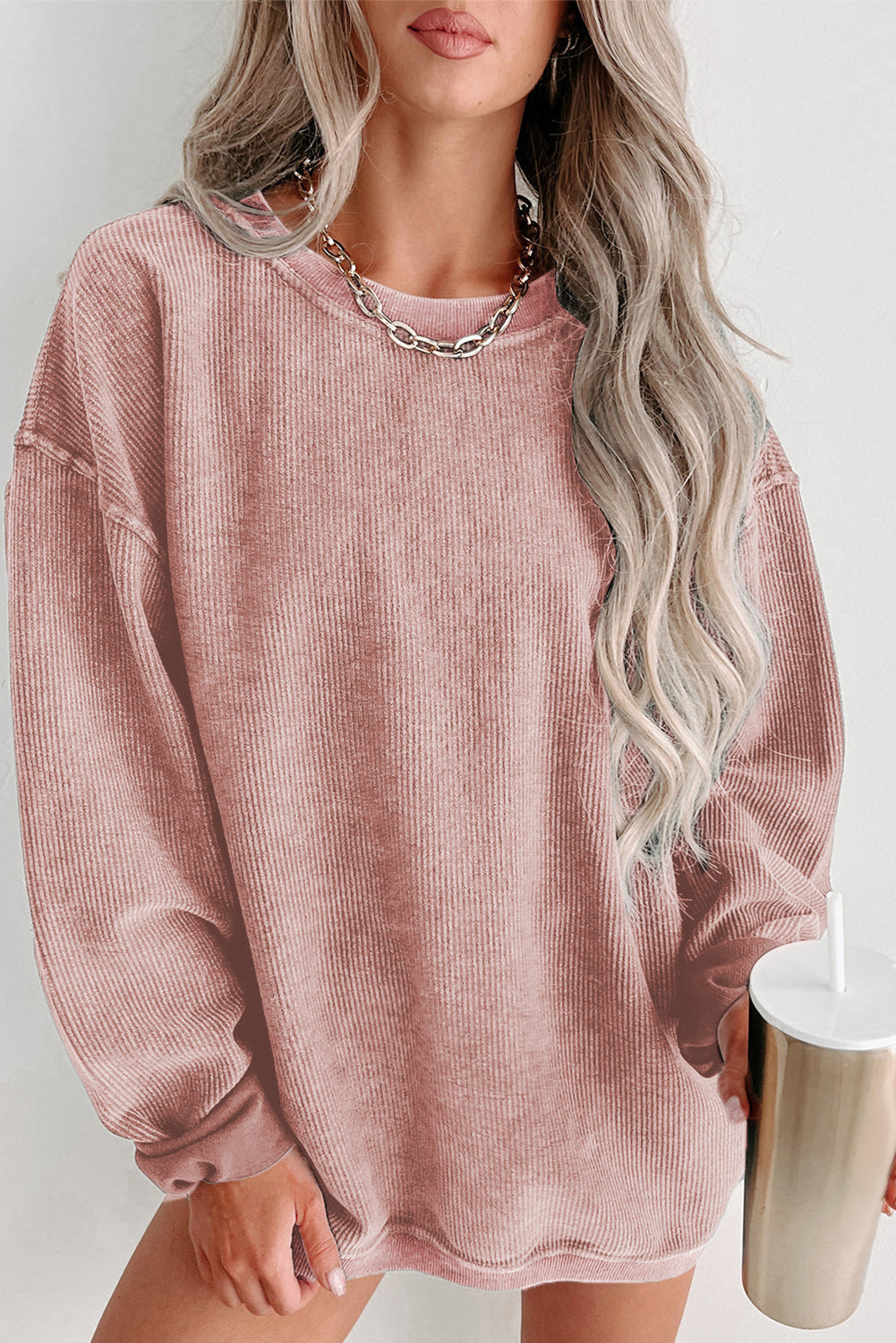 Ribbed Round Neck Pullover Sweatshirt