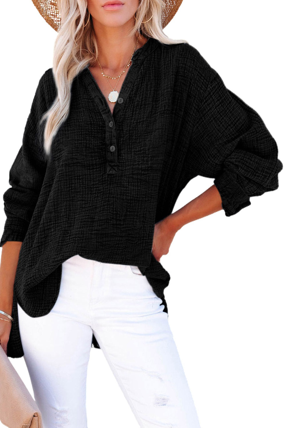 Crinkle V Neck Henley Top