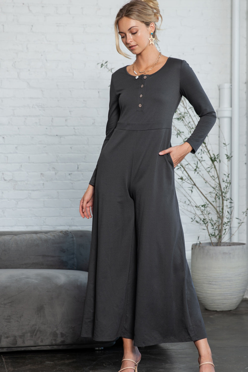 Long Sleeve Wide Leg Jumpsuit with Pockets