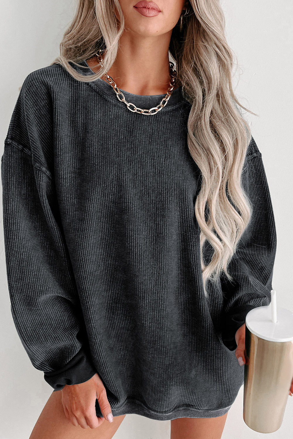 Ribbed Round Neck Pullover Sweatshirt