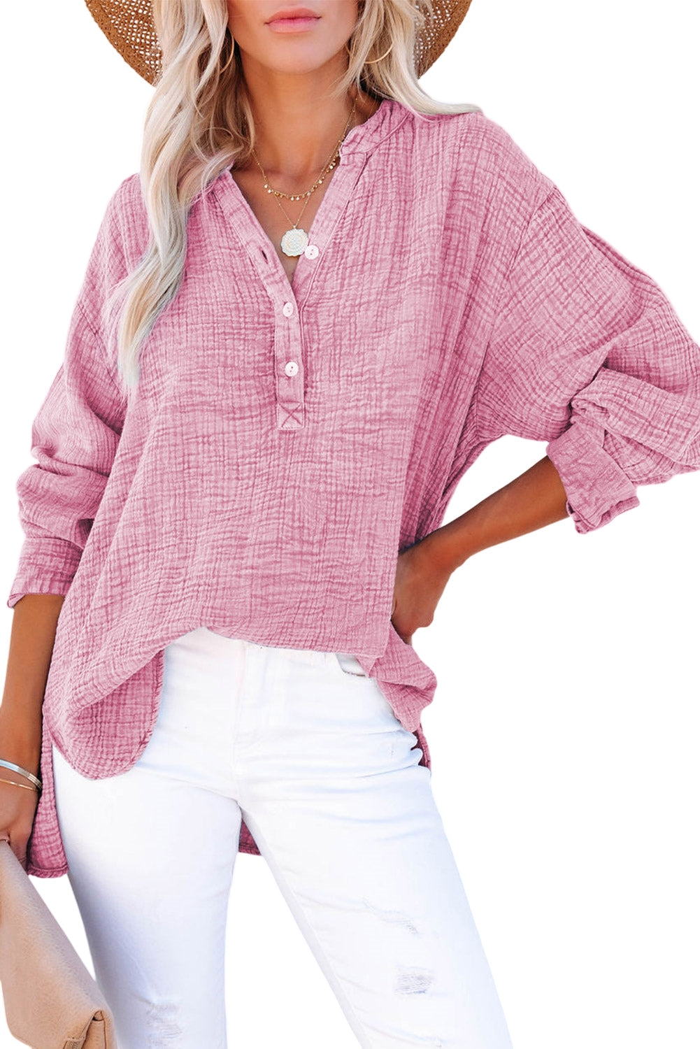 Crinkle V Neck Henley Top