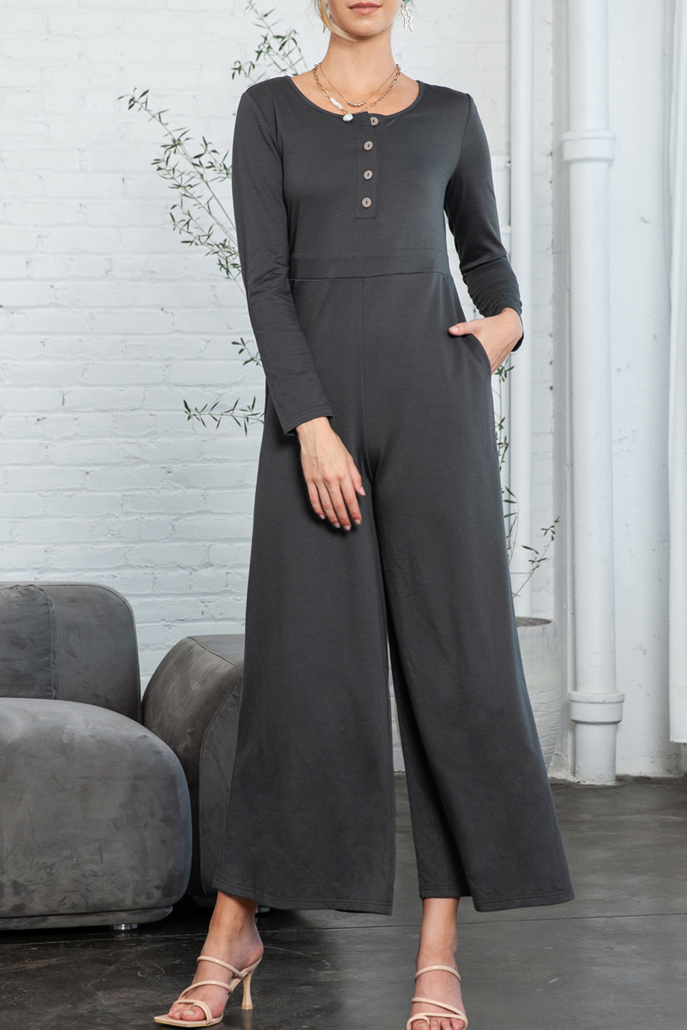 Long Sleeve Wide Leg Jumpsuit with Pockets