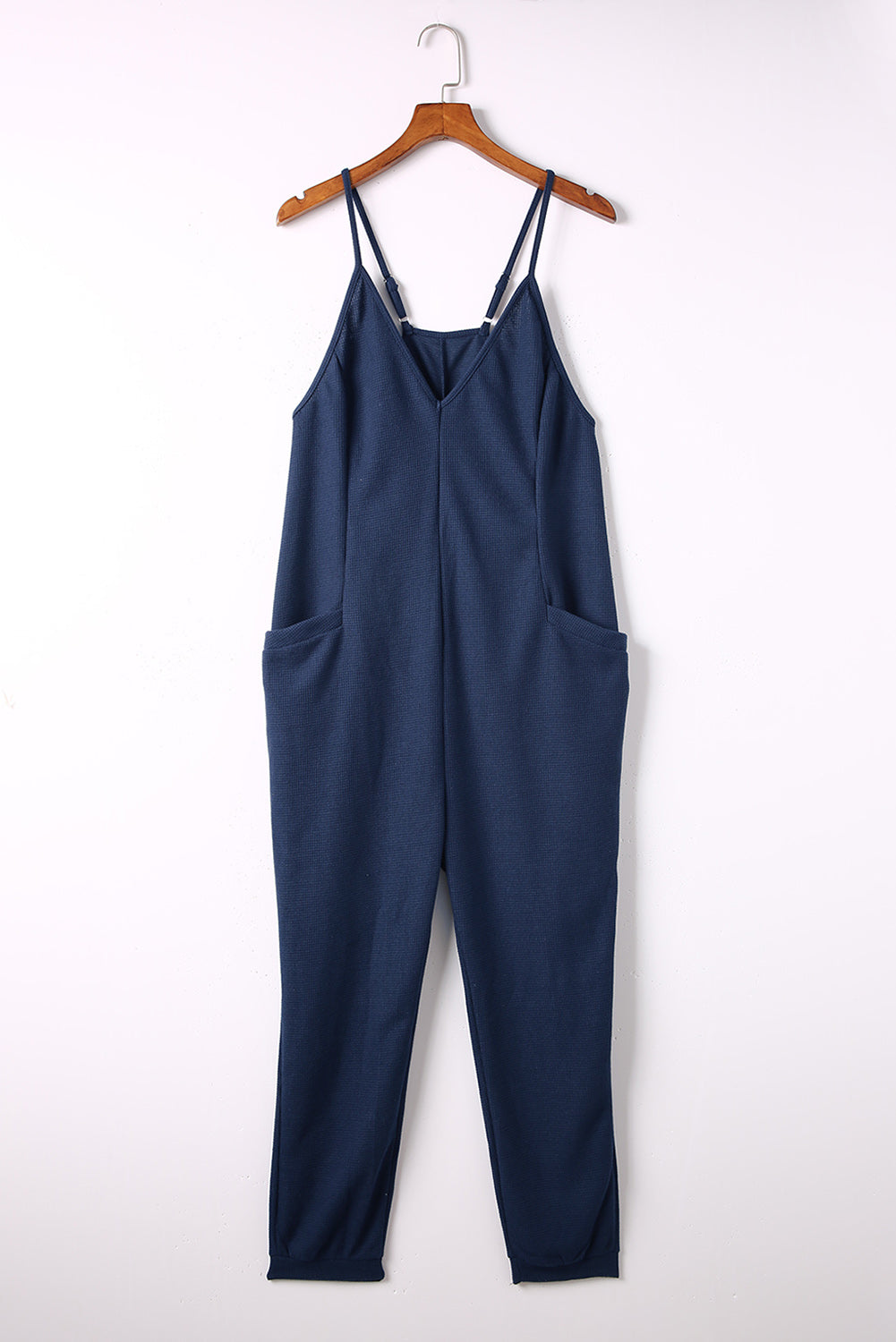 Blue Casual Textured Sleeveless V-Neck Pocketed Jumpsuit
