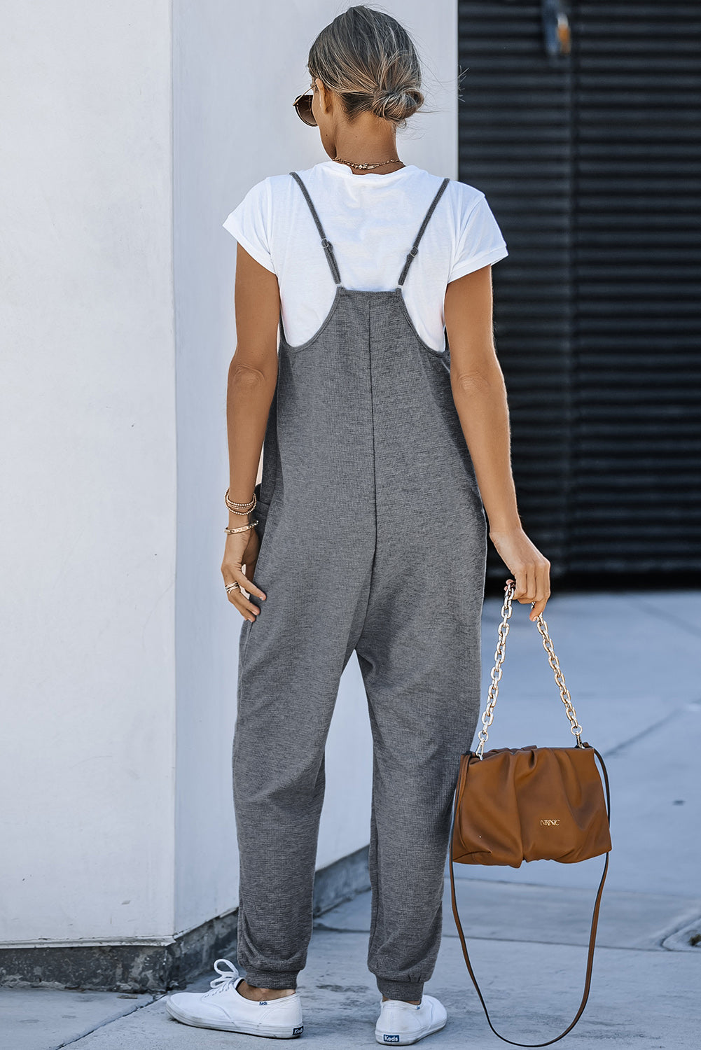 Blue Casual Textured Sleeveless V-Neck Pocketed Jumpsuit