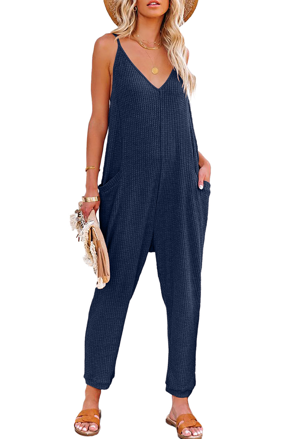 Blue Casual Textured Sleeveless V-Neck Pocketed Jumpsuit
