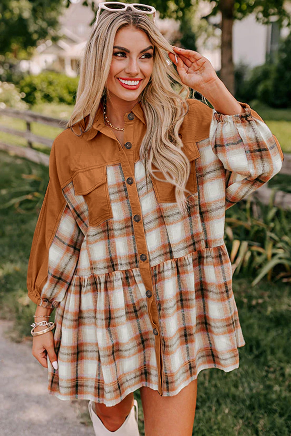 Colorblock Patchwork Ruffle Hem Tunic Shirt Dress