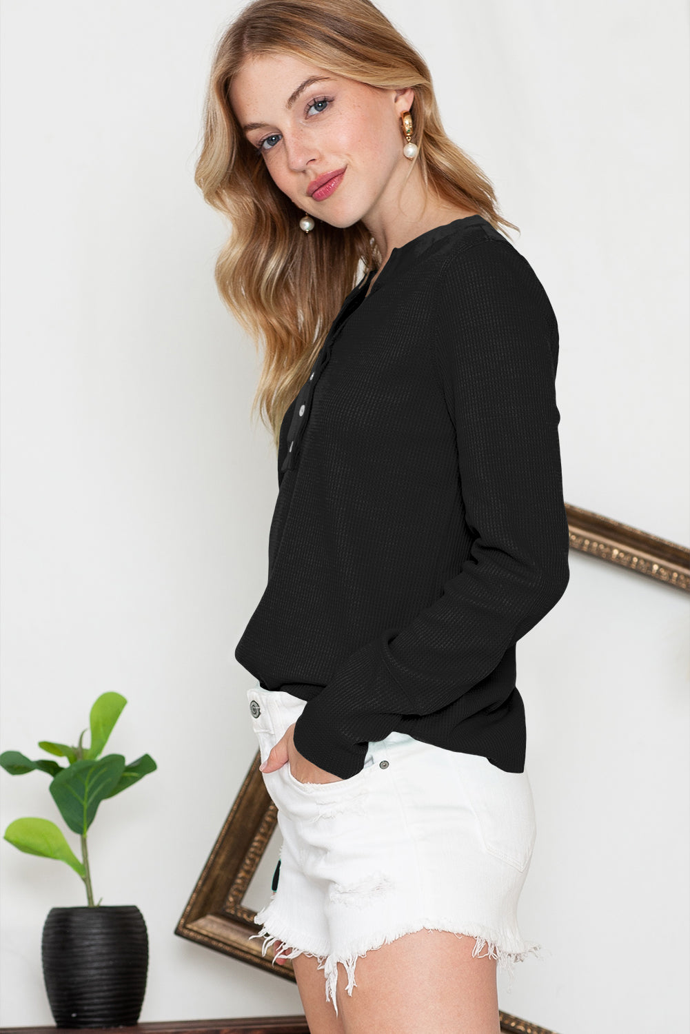 Waffle Knit Long Sleeve Henley Shirt
