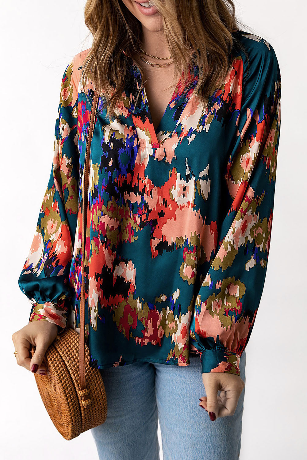 V Neck Puff Sleeve Blouse