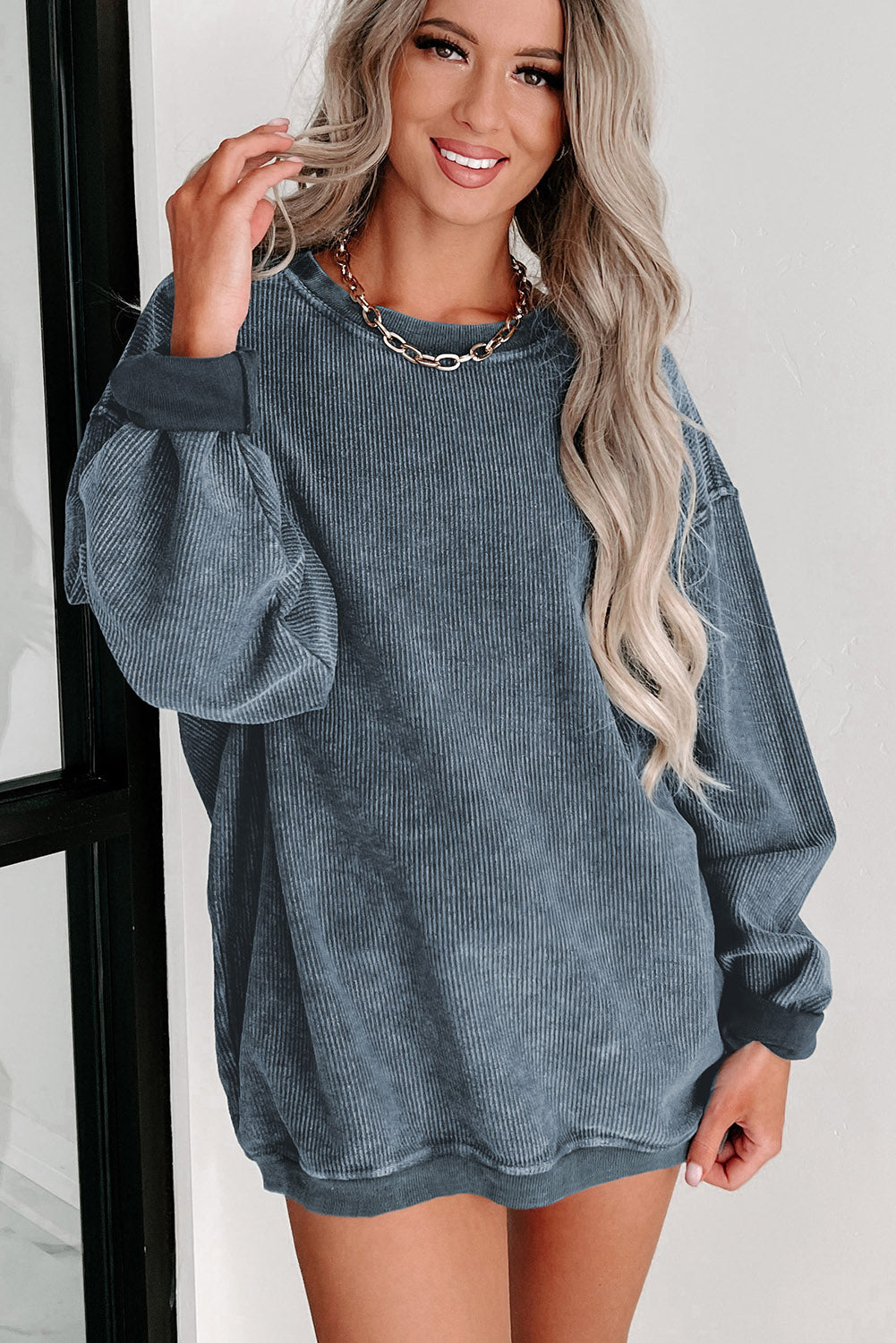Ribbed Round Neck Pullover Sweatshirt