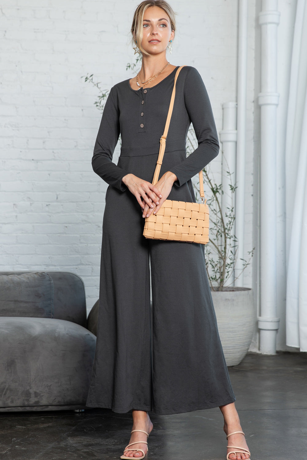 Long Sleeve Wide Leg Jumpsuit with Pockets
