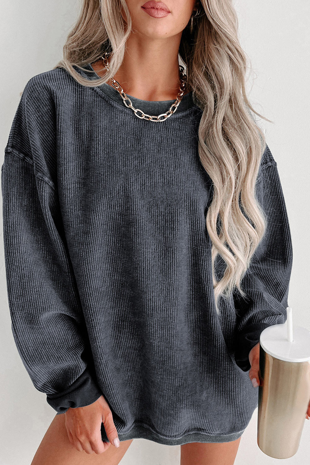 Ribbed Round Neck Pullover Sweatshirt