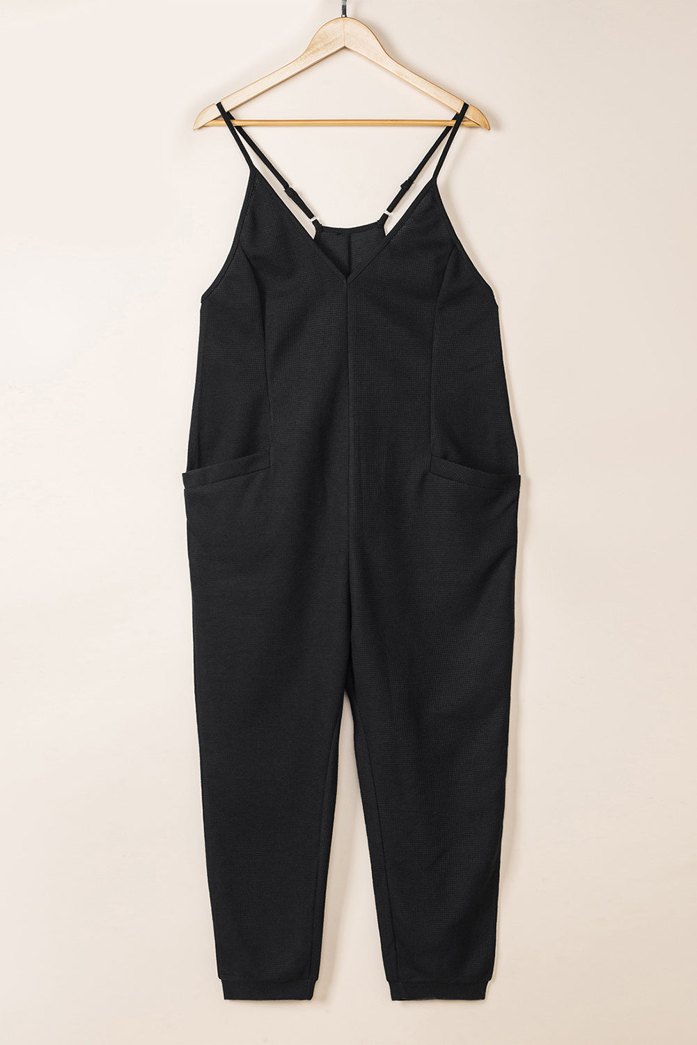 Blue Casual Textured Sleeveless V-Neck Pocketed Jumpsuit