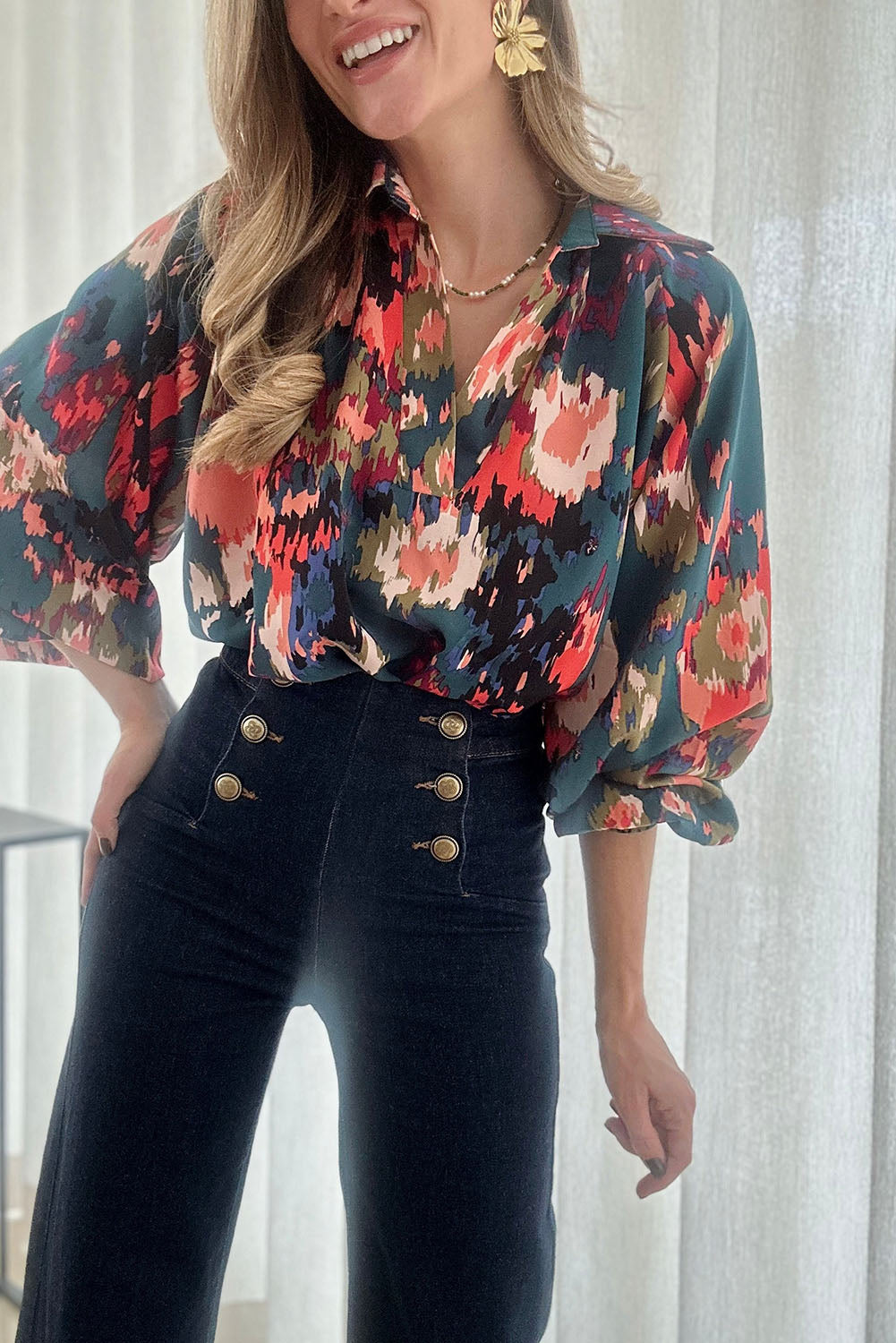 V Neck Puff Sleeve Blouse