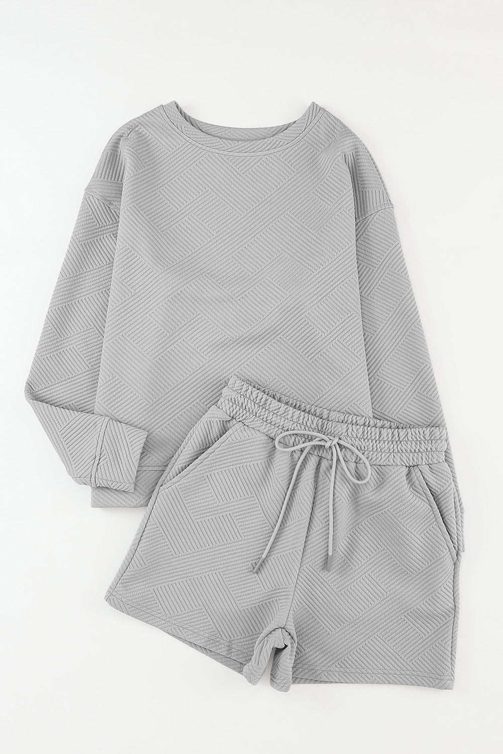Textured Long Sleeve Top & Drawstring Shorts Set