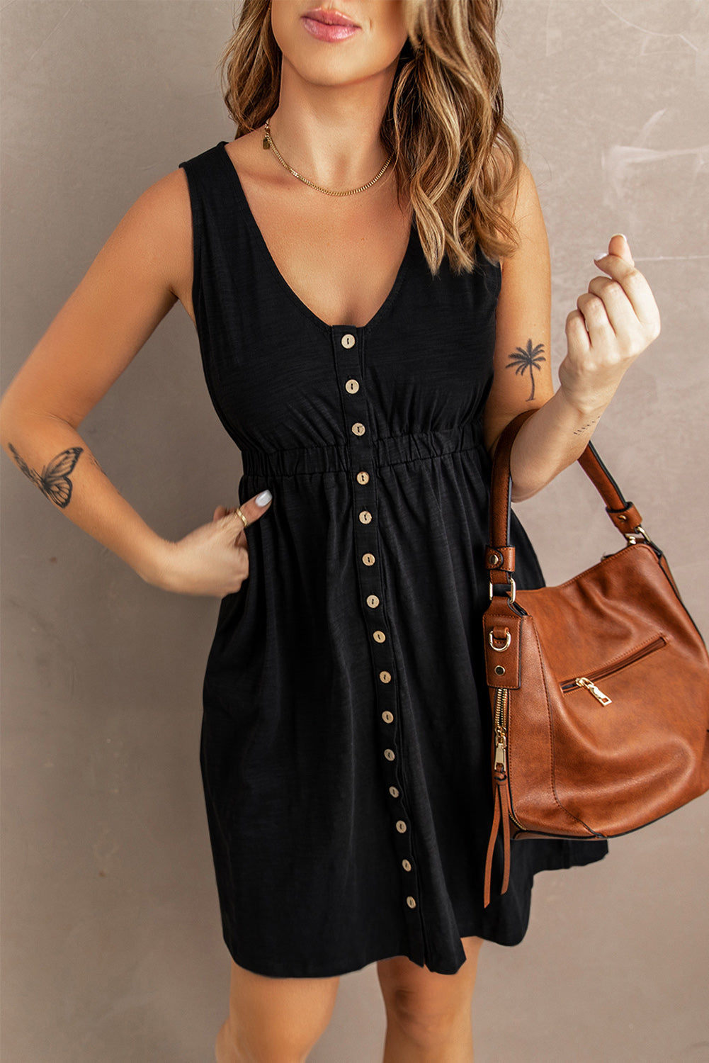 Sleeveless Button Front Short Basics Dress