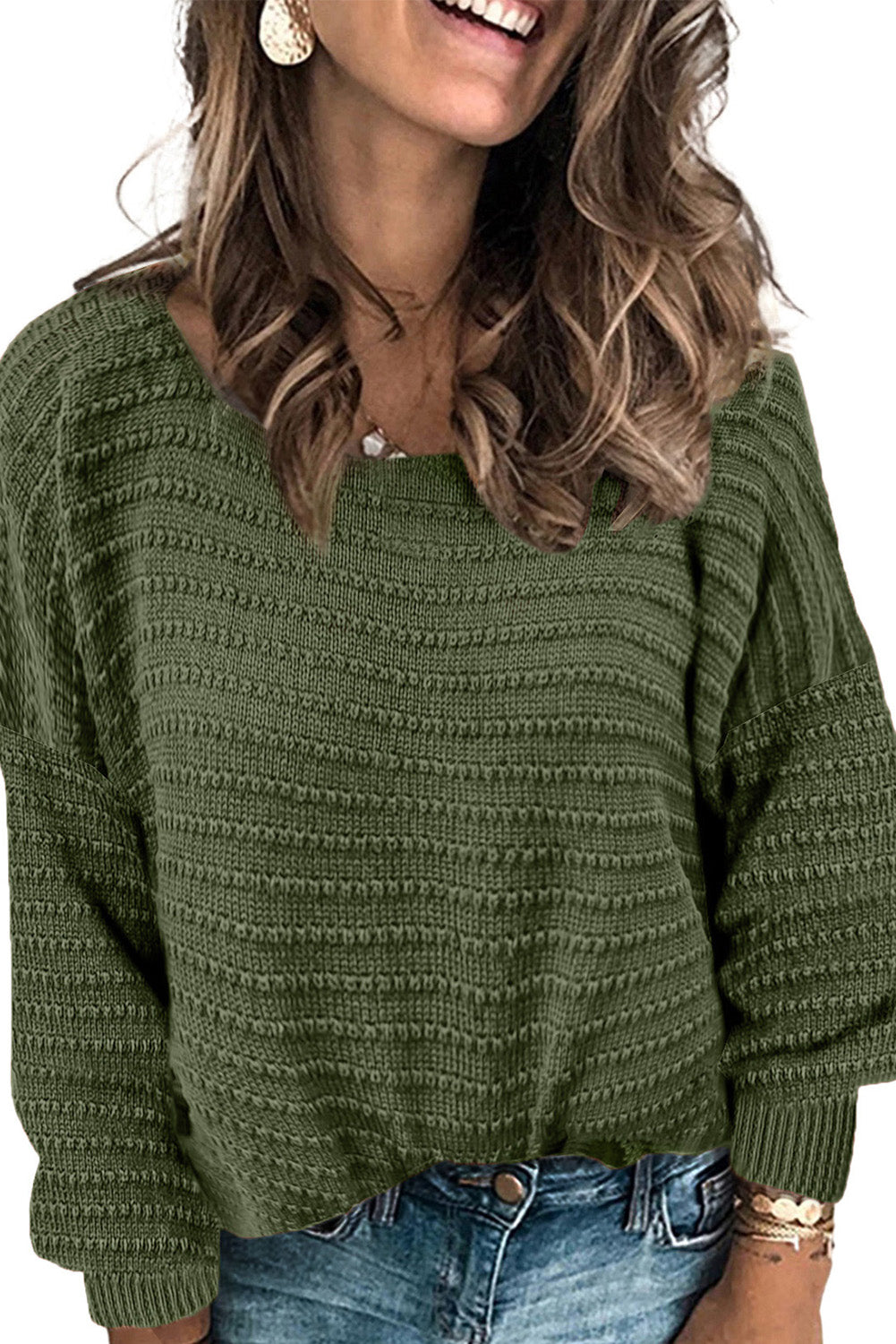 Textured Knit Round Neck Dolman Sleeve Sweater