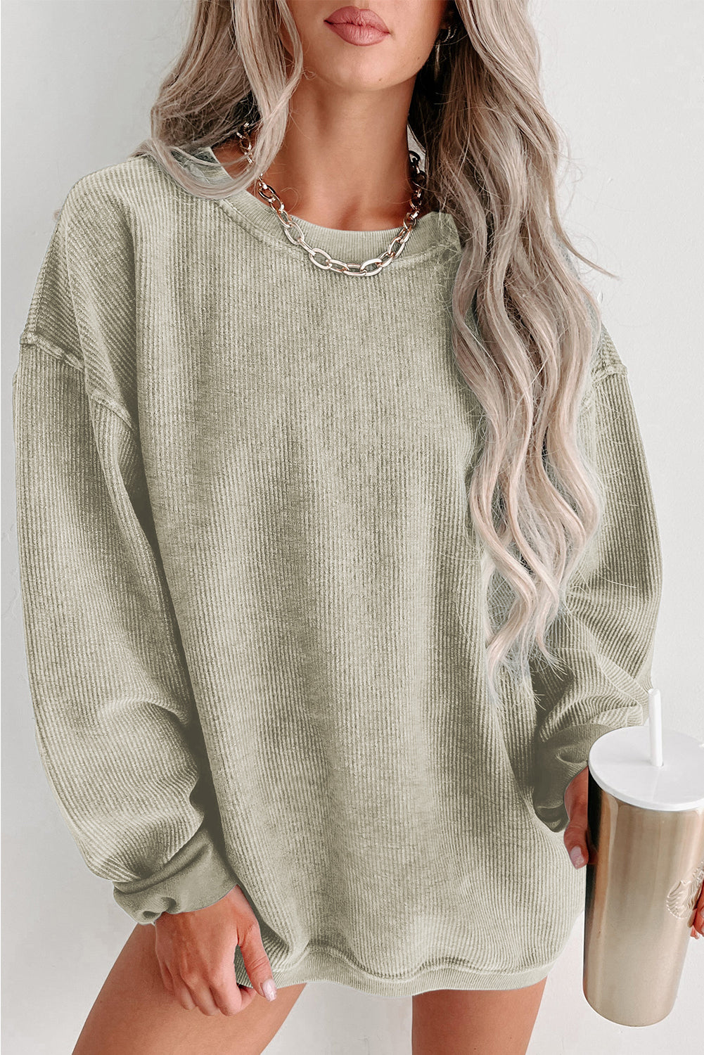 Ribbed Round Neck Pullover Sweatshirt
