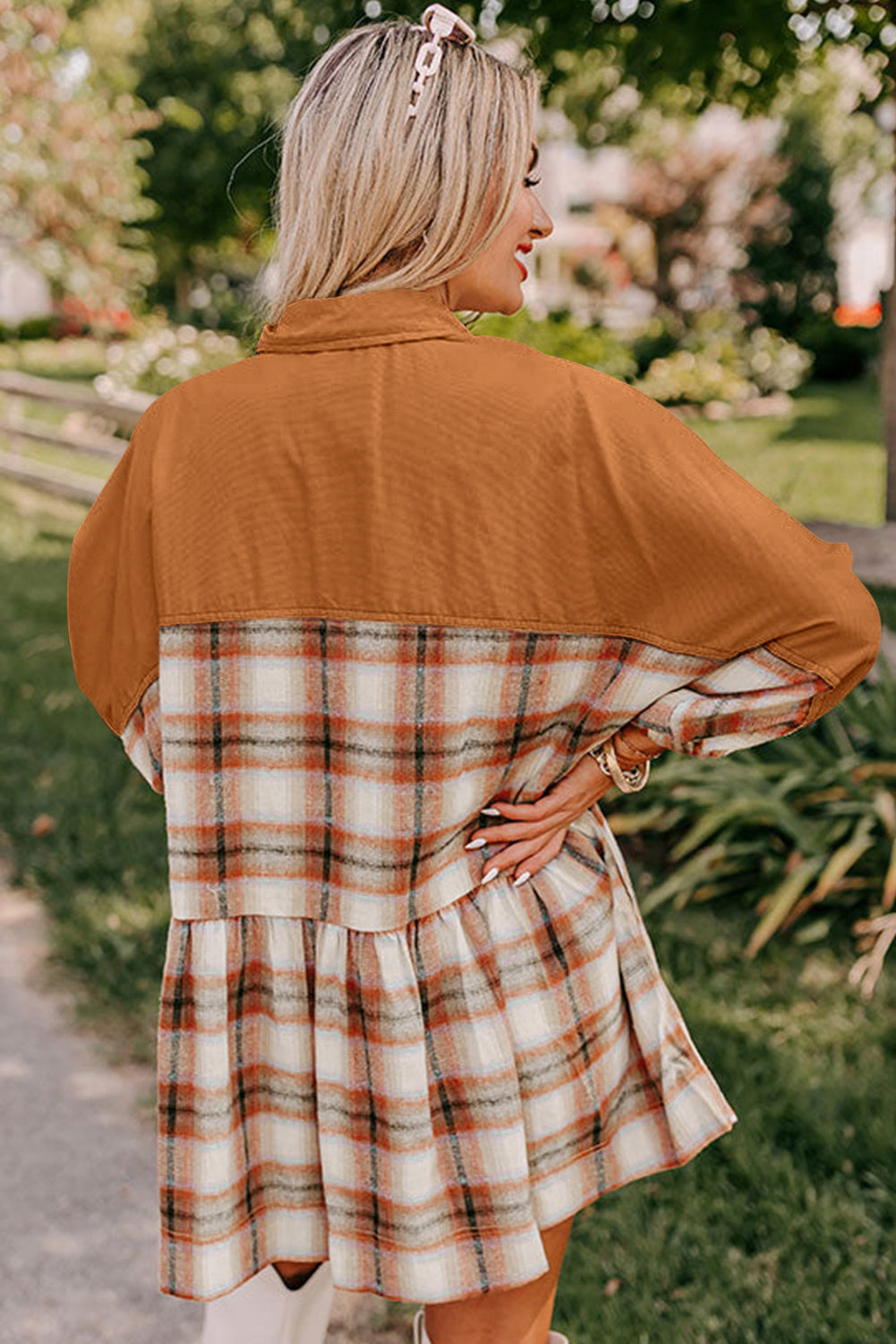 Colorblock Patchwork Ruffle Hem Tunic Shirt Dress