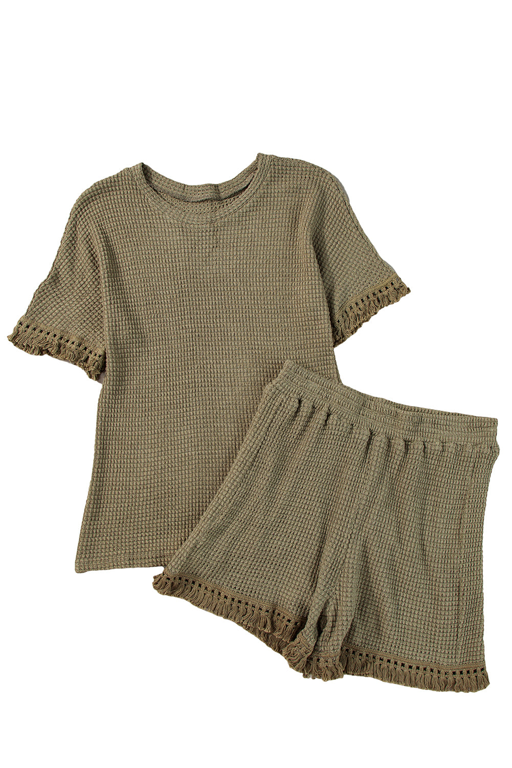 Fringe Trim Waffle Knit Textured Shorts Set