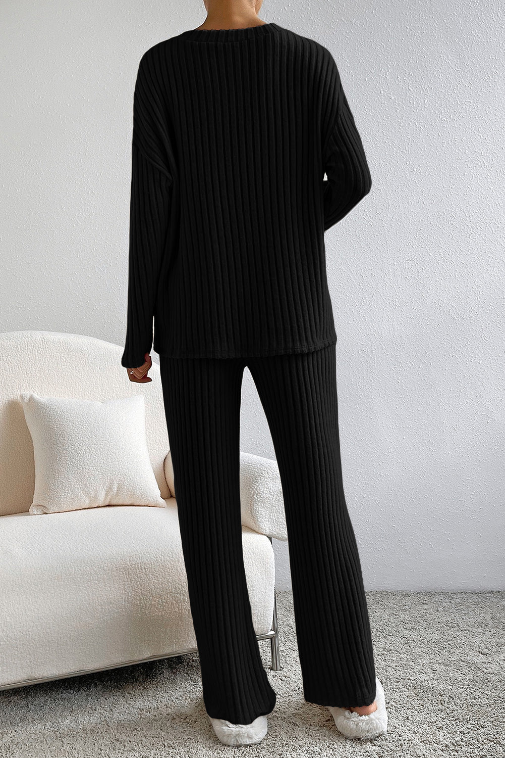 Ribbed V Neck Pullover and Pants Set