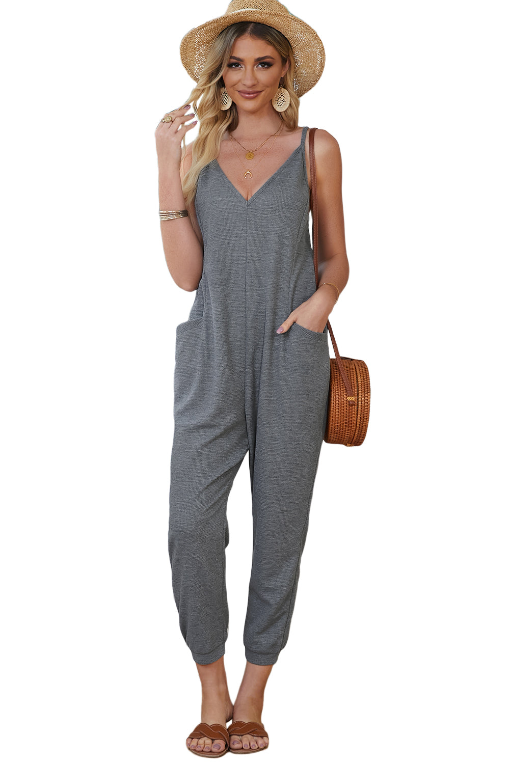 Blue Casual Textured Sleeveless V-Neck Pocketed Jumpsuit