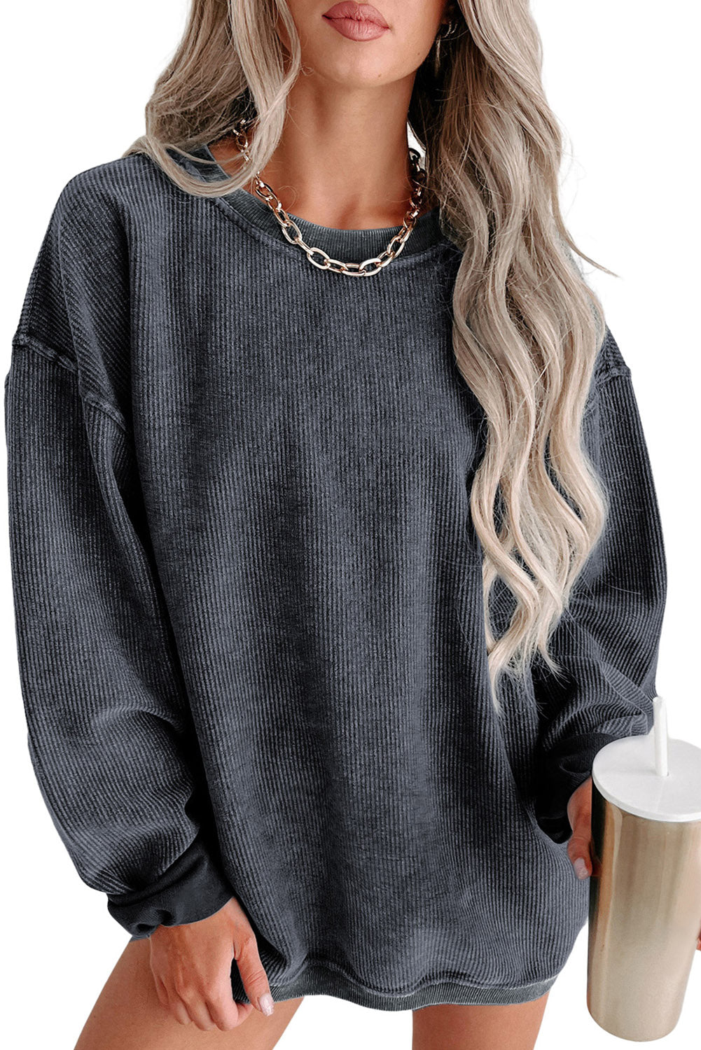 Ribbed Round Neck Pullover Sweatshirt