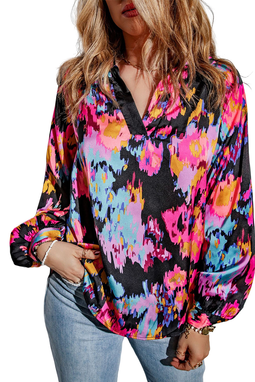 V Neck Puff Sleeve Blouse