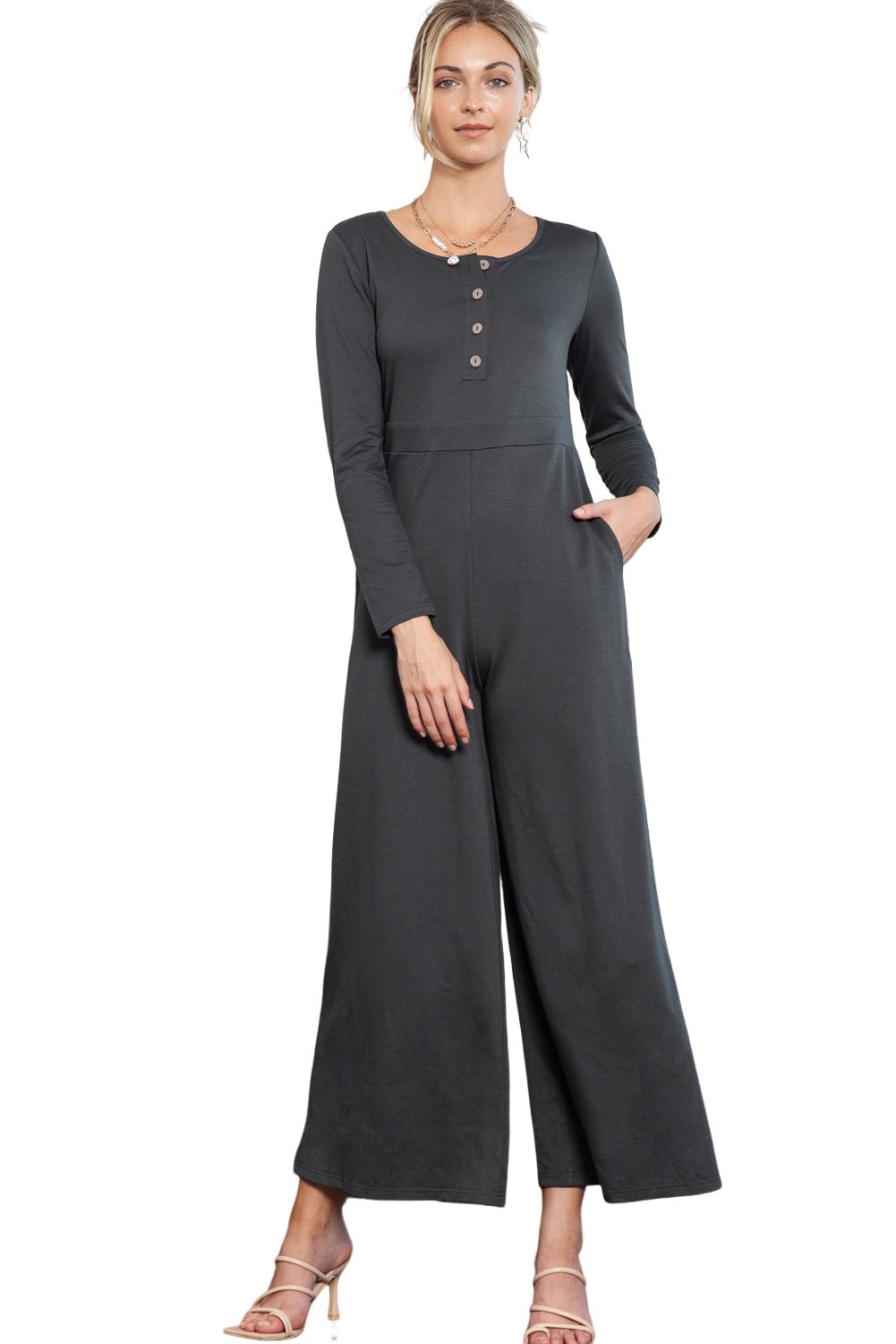 Long Sleeve Wide Leg Jumpsuit with Pockets