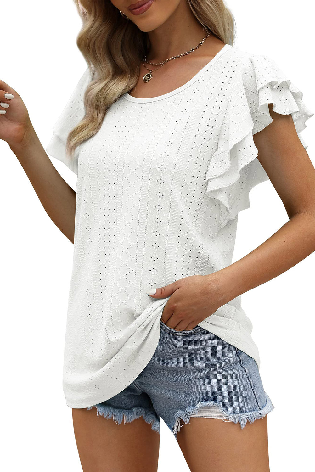 Eyelet Textured Ruffle Short Sleeve Blouse