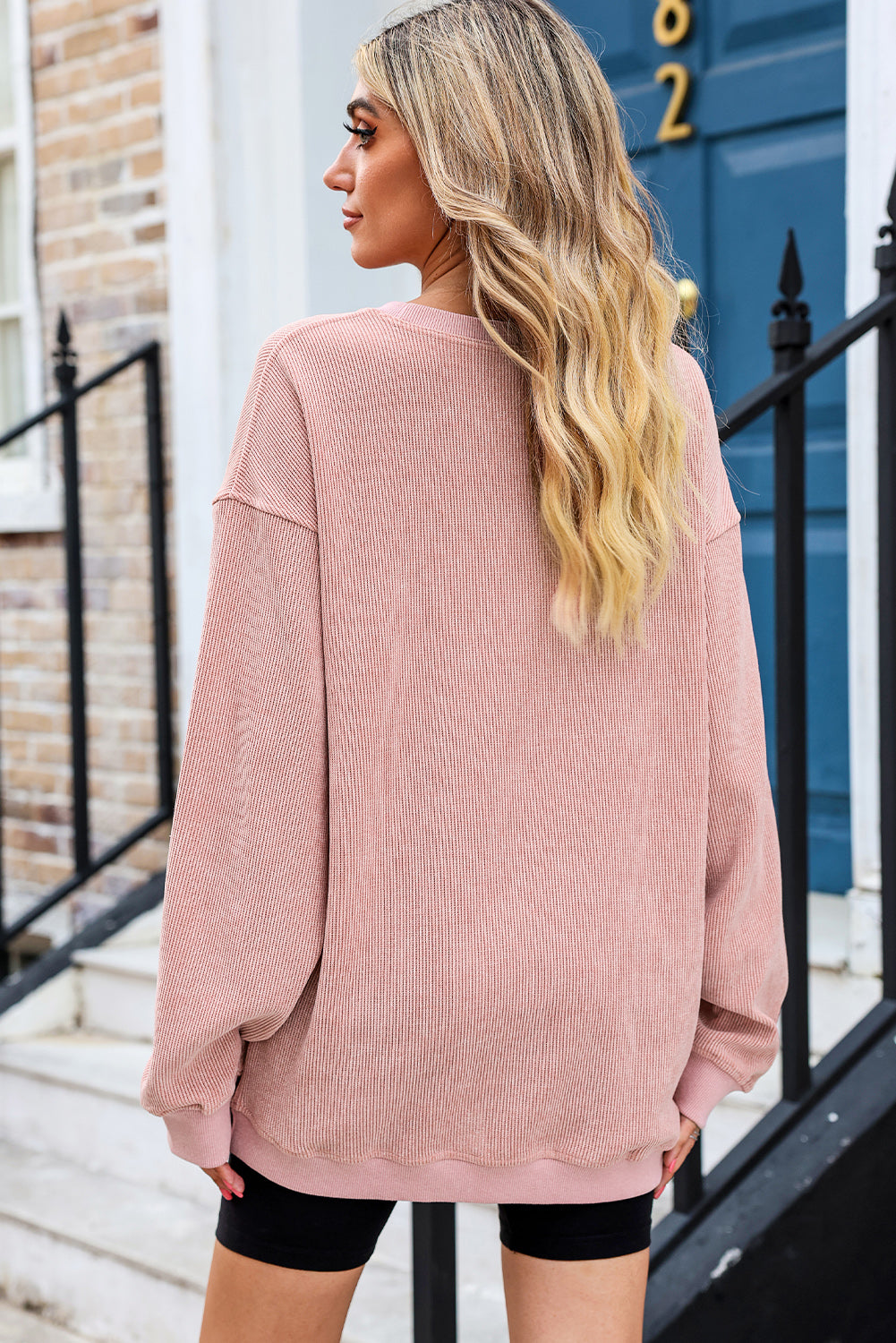Ribbed Round Neck Pullover Sweatshirt