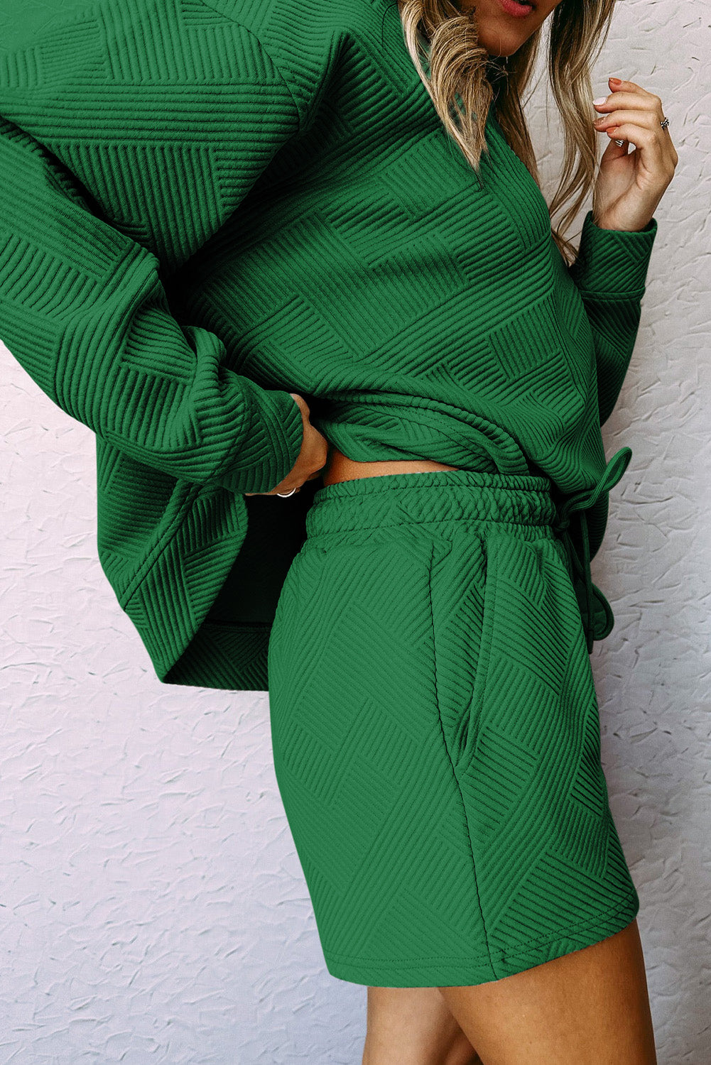 Textured Long Sleeve Top & Drawstring Shorts Set