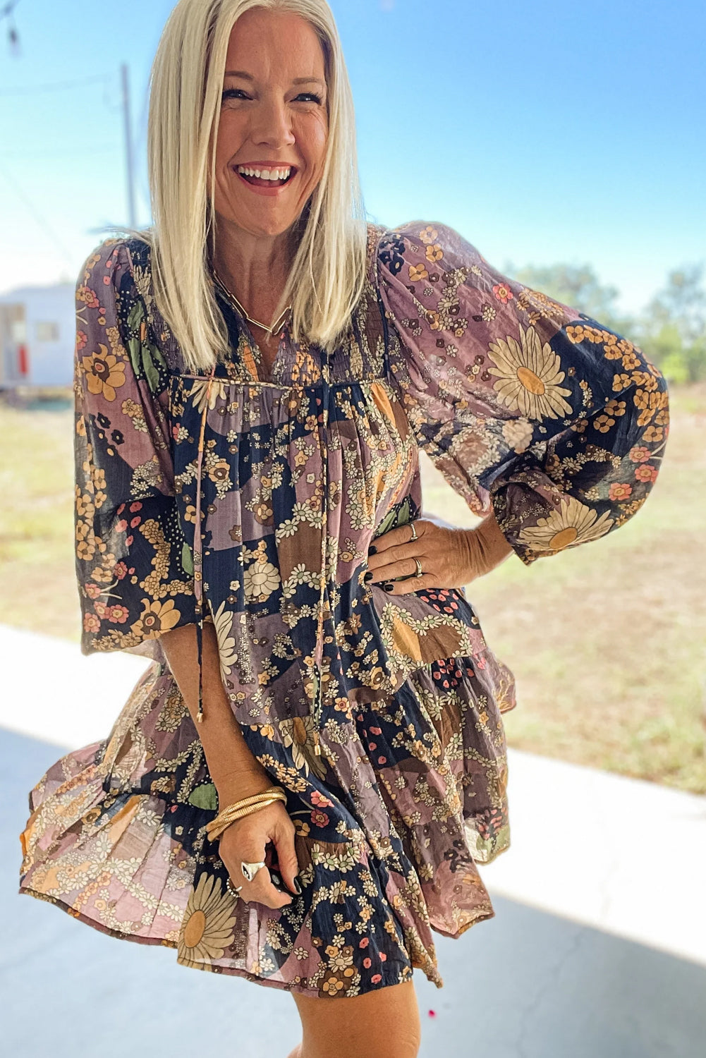 Purple Boho Floral Print Puff Sleeve Dress
