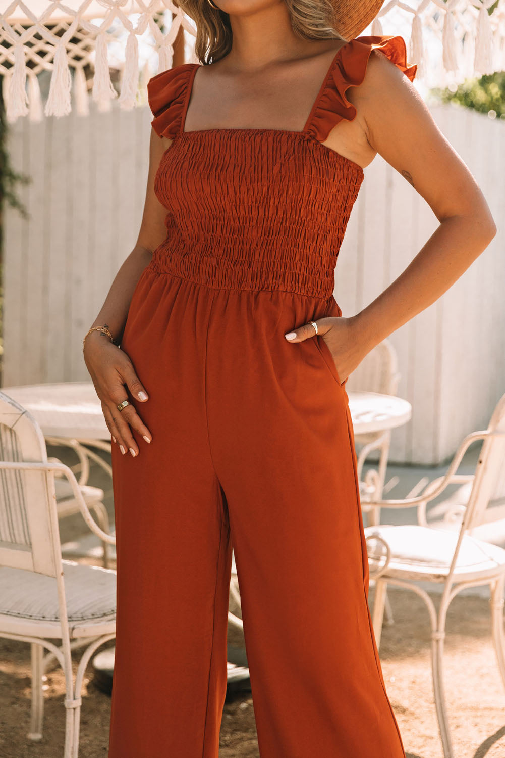 Smocked Ruffle Strap Pocket Wide Leg Jumpsuit