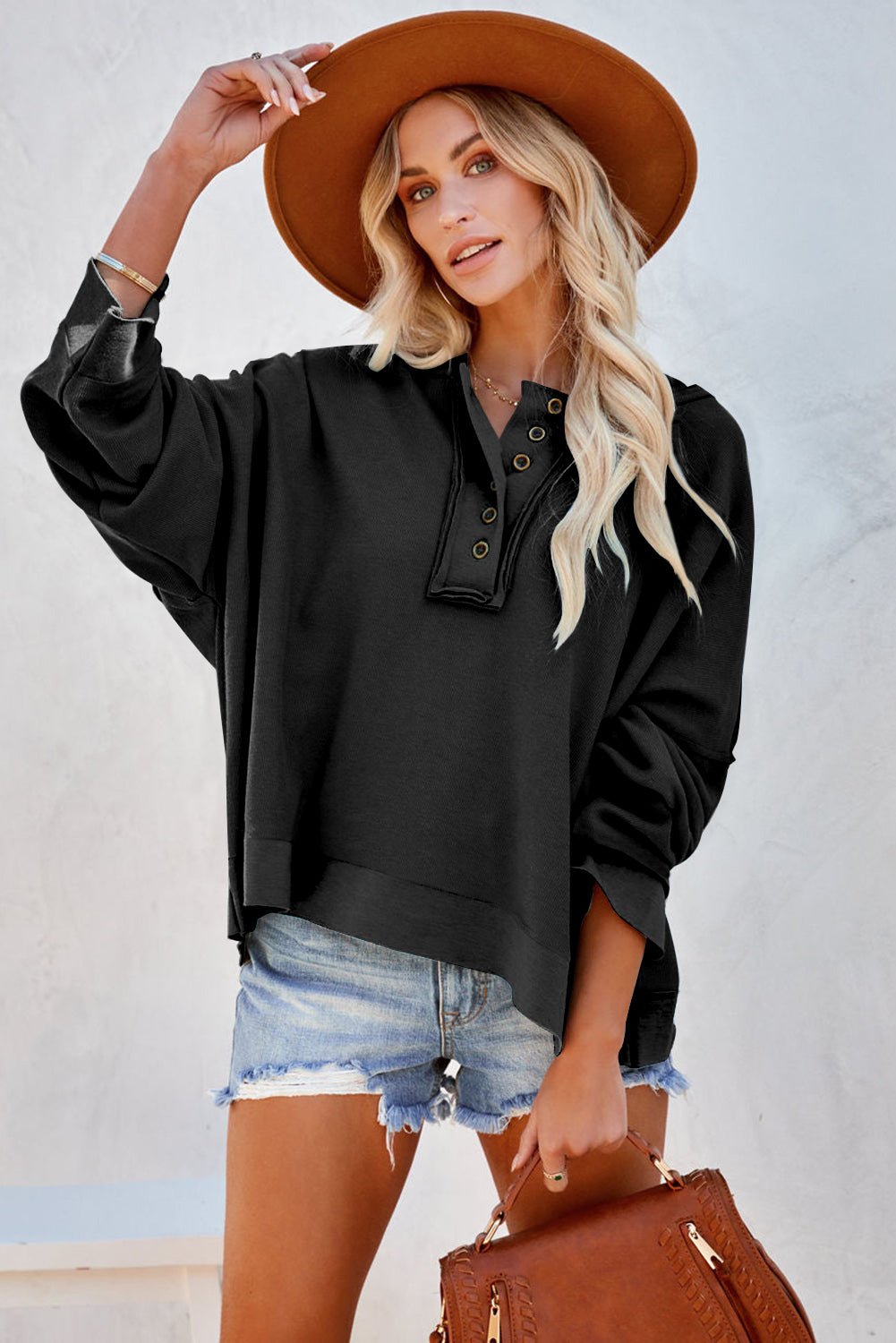 Plain Casual Button Front Pullover Hoodie