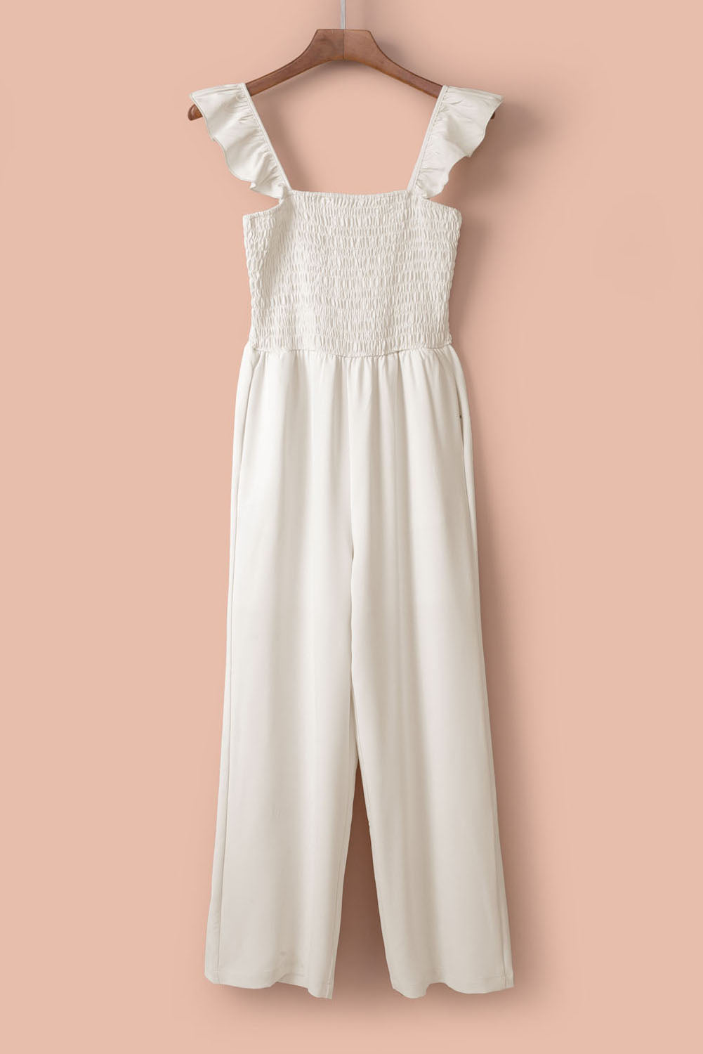 Smocked Ruffle Strap Pocket Wide Leg Jumpsuit